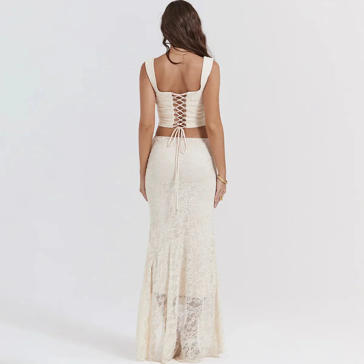 Lace Corset & Asymmetric Midi Skirt Two Piece Set