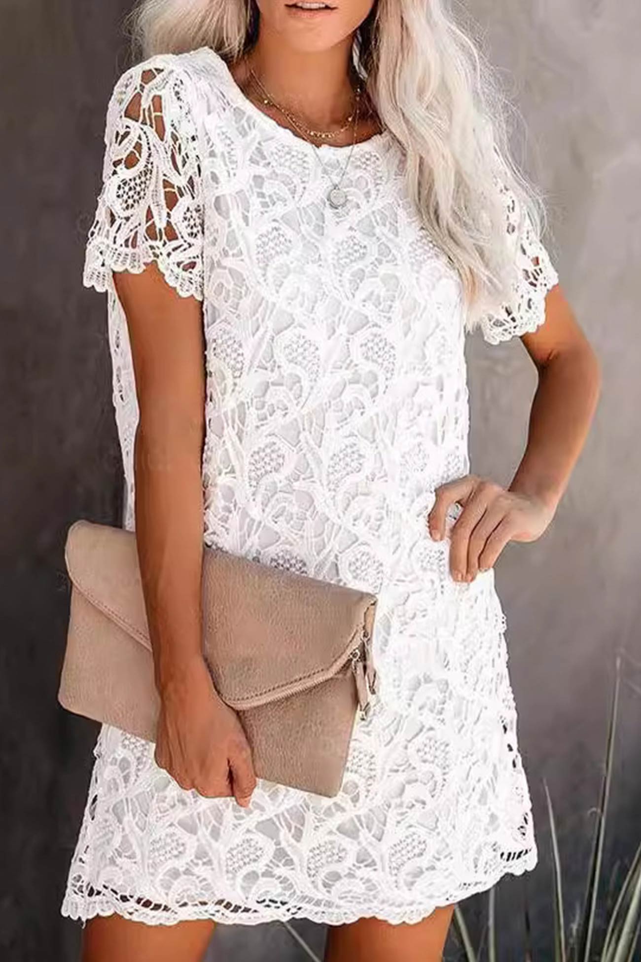 Floral Lace Crew Neck Scalloped Hem Short Sleeve Shift Mini Dress