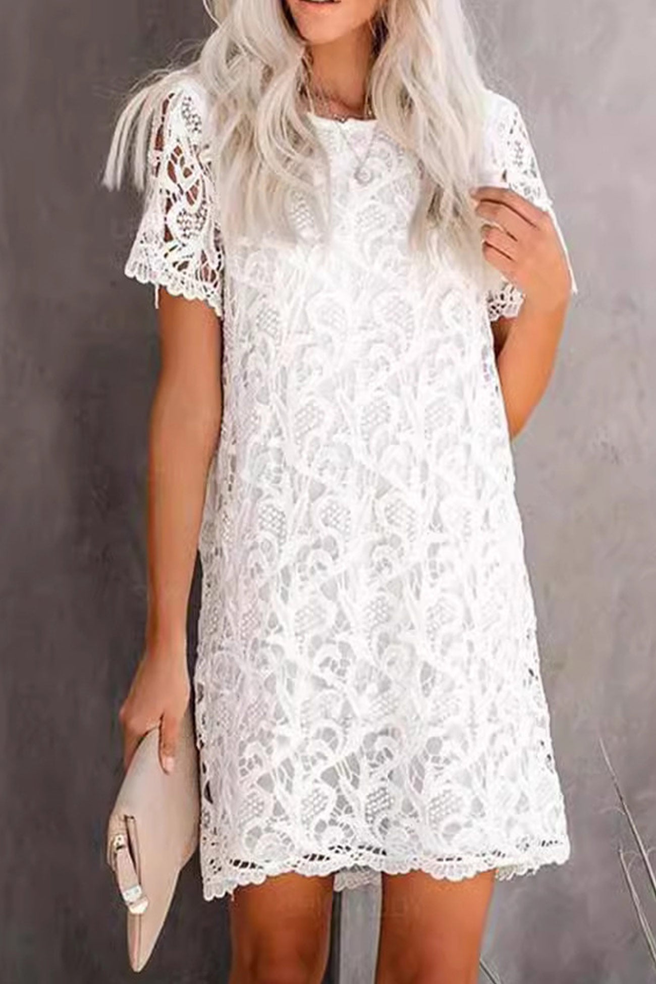 Floral Lace Crew Neck Scalloped Hem Short Sleeve Shift Mini Dress