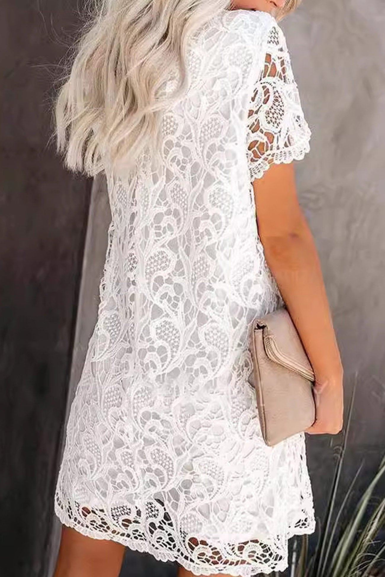 Floral Lace Crew Neck Scalloped Hem Short Sleeve Shift Mini Dress