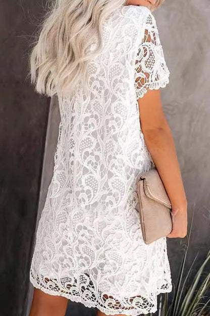 Floral Lace Crew Neck Scalloped Hem Short Sleeve Shift Mini Dress
