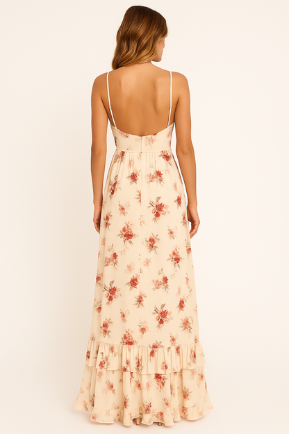 Floral Chiffon Maxi Dress | V-Neck | Empire Waist | Layered Hem