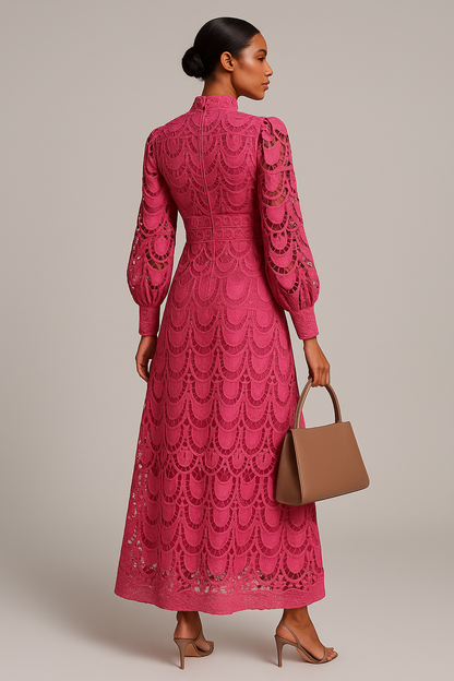 Atelier Lace Embroidered Maxi Dress | High Collar | Lantern Sleeve
