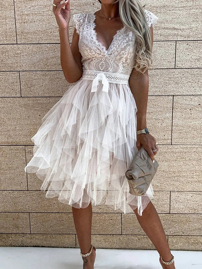DressBetty - Lace Patchwork Asymmetrical White Dress Femme Sexy Sleeveless Slim Fit Party