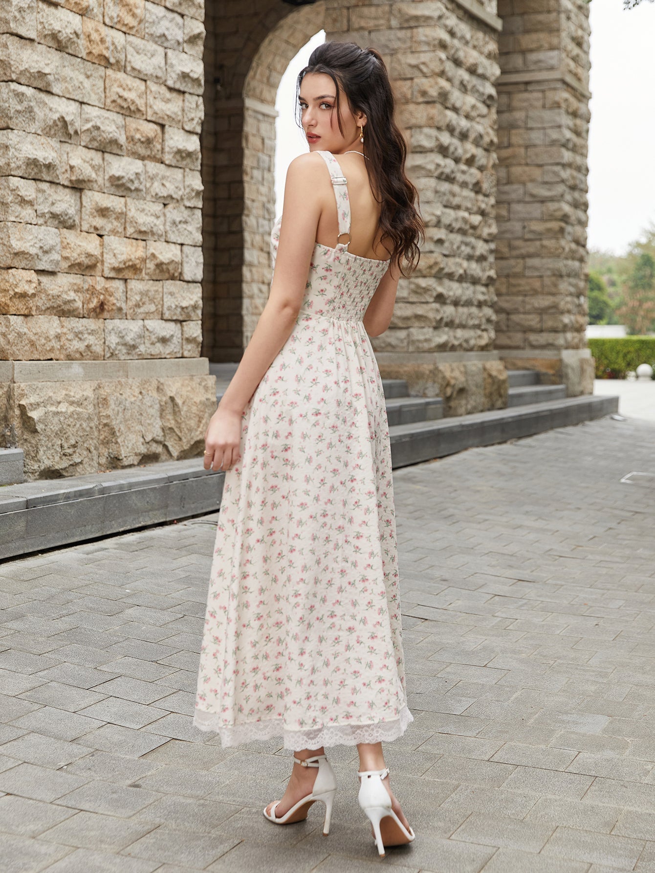 Lace Spliced Tie Front Floral Print Maxi Dress