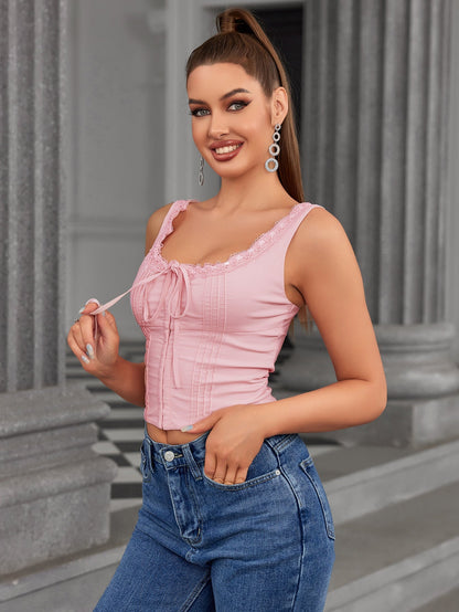 Lace Trim Tie Front Pleat Tank Top