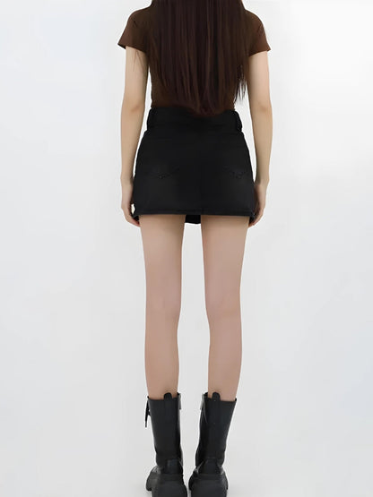 Lace Up Belted Denim Mini Skort