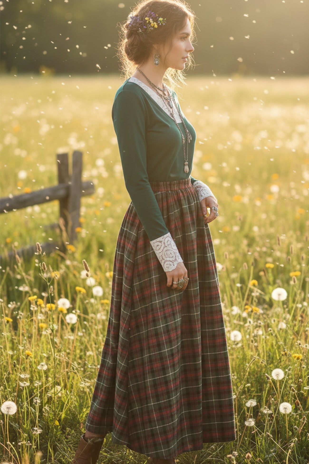 Lace V-neck Patchwork Plaid Skirt Maxi Dress