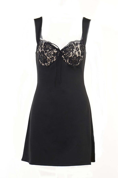 Floral Lace Sweetheart Tie Front Thick Strap Bodycon Mini Dress