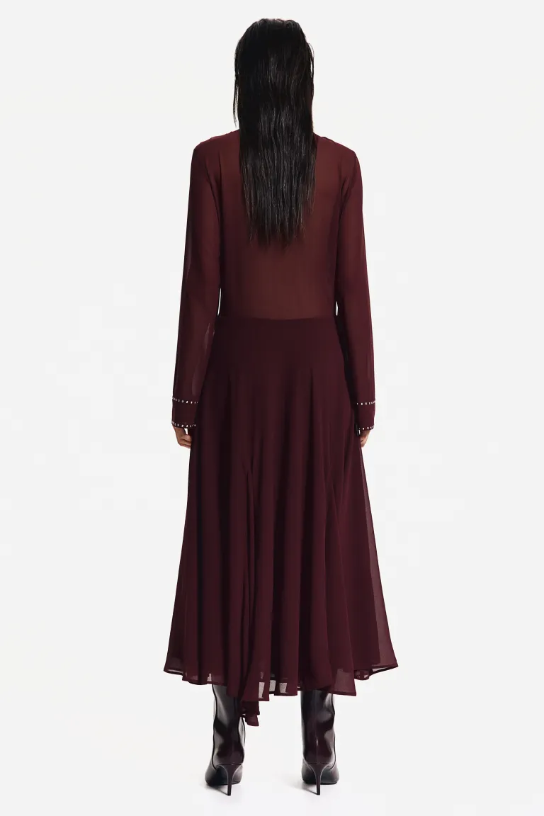 Stud Trim High Neck Tie Scarf Wide Cuff Pleated Skirt Midi Dress