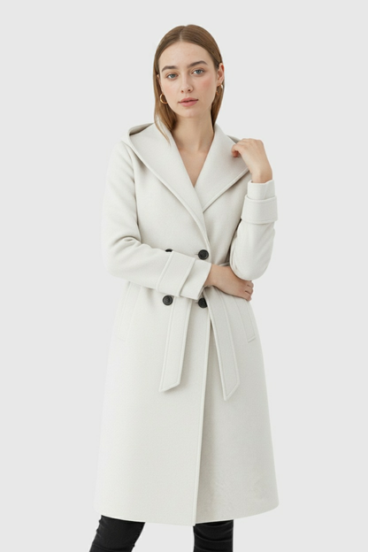Hooded Long Wrap Coat | Double Breasted, Belted Waist, Clean Longline