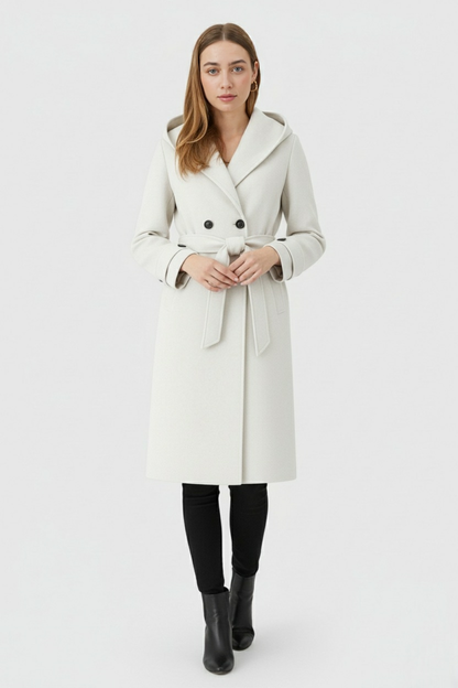 Hooded Long Wrap Coat | Double Breasted, Belted Waist, Clean Longline