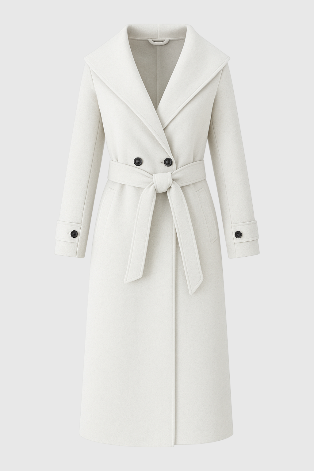 Hooded Long Wrap Coat | Double Breasted, Belted Waist, Clean Longline