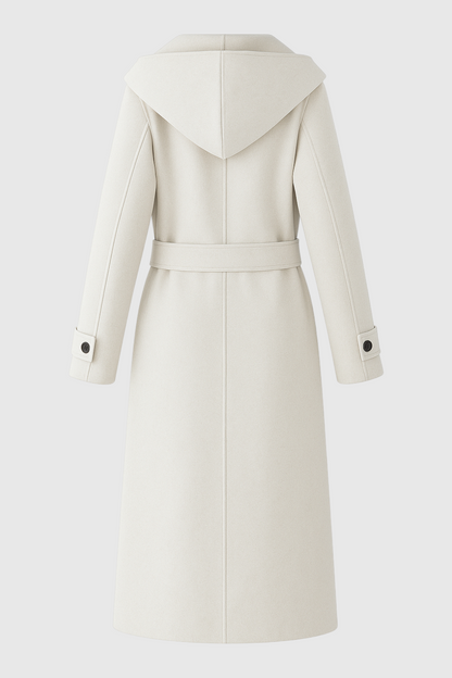 Hooded Long Wrap Coat | Double Breasted, Belted Waist, Clean Longline
