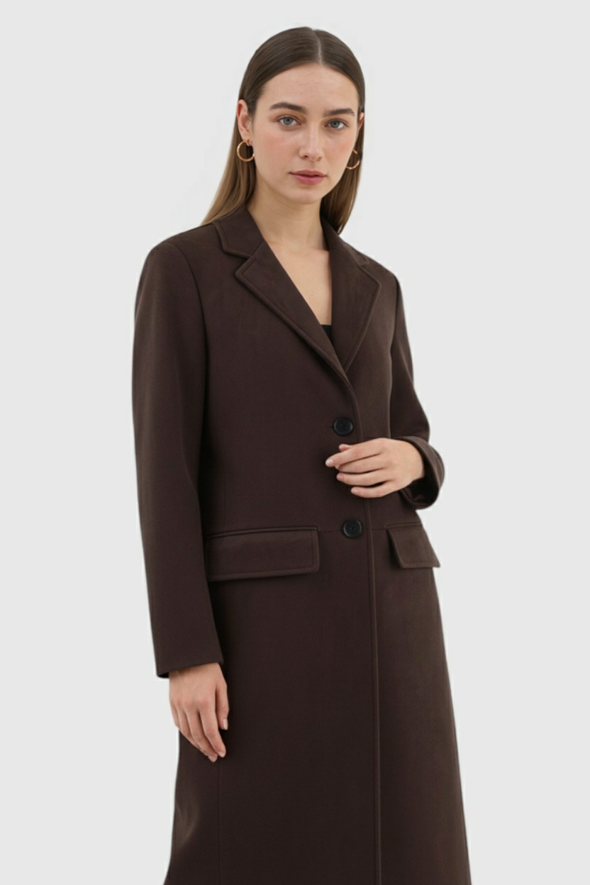 Long Suedette Overcoat | Single-Breasted, Notched Lapel, Relaxed Fit