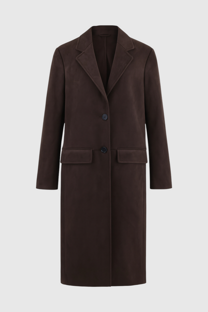 Long Suedette Overcoat | Single-Breasted, Notched Lapel, Relaxed Fit