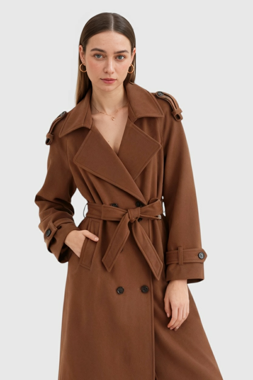 Double-Breasted Wool Blend Long Overcoat | Notched Lapel, Self-Belt