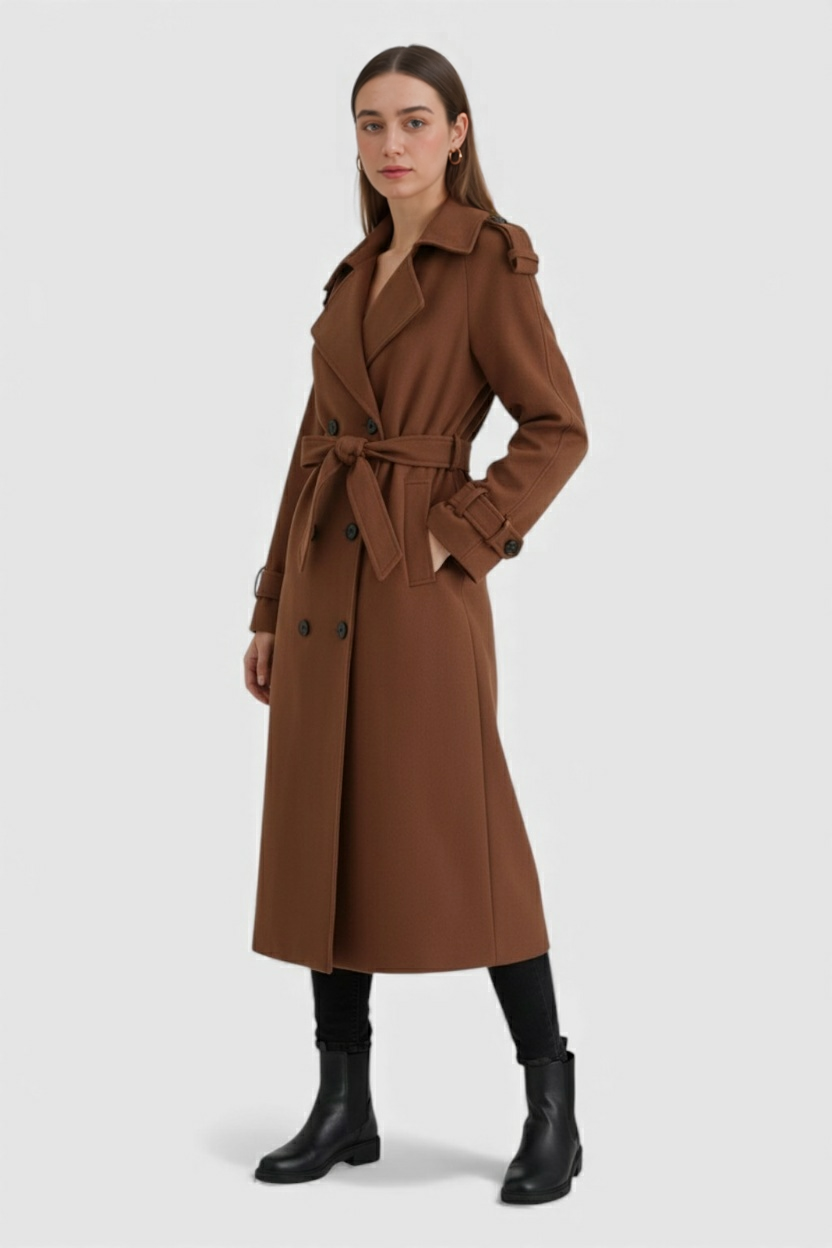 Double-Breasted Wool Blend Long Overcoat | Notched Lapel, Self-Belt