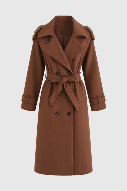 Double-Breasted Wool Blend Long Overcoat | Notched Lapel, Self-Belt