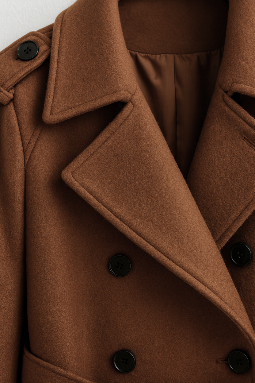 Double-Breasted Wool Blend Long Overcoat | Notched Lapel, Self-Belt