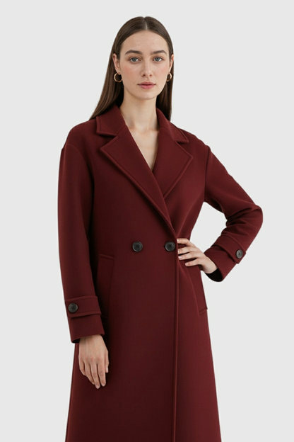 Long Double Breasted Coat | Relaxed Fit, Notched Lapel, Cuff Strap Detail