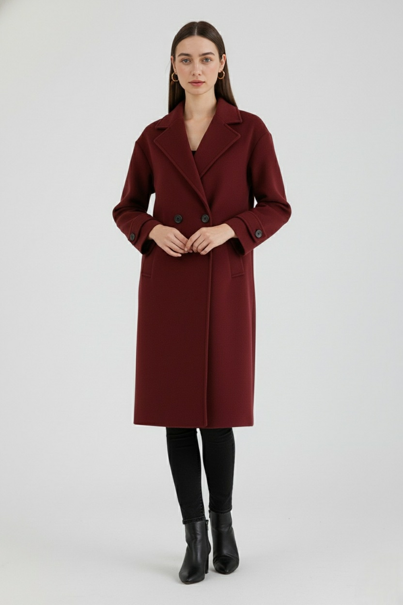 Long Double Breasted Coat | Relaxed Fit, Notched Lapel, Cuff Strap Detail