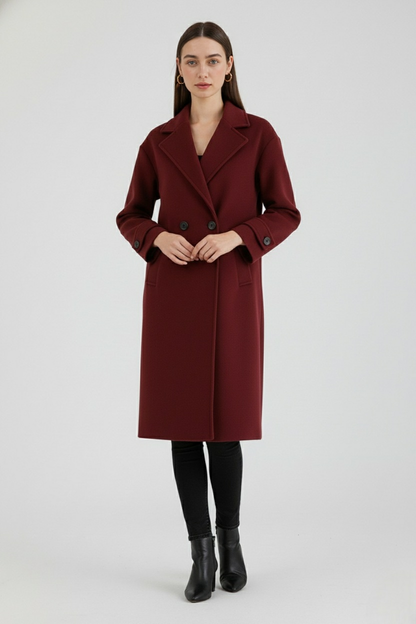 Long Double Breasted Coat | Relaxed Fit, Notched Lapel, Cuff Strap Detail