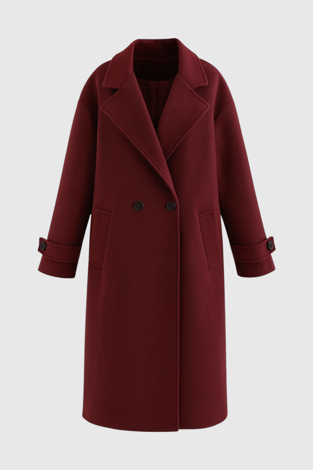 Long Double Breasted Coat | Relaxed Fit, Notched Lapel, Cuff Strap Detail