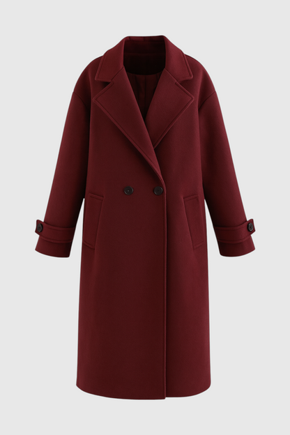 Long Double Breasted Coat | Relaxed Fit, Notched Lapel, Cuff Strap Detail