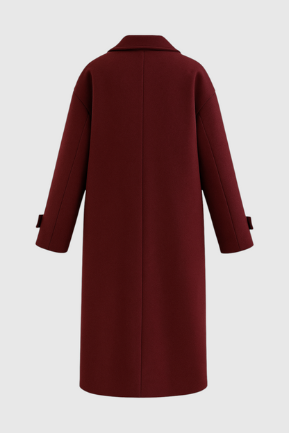 Long Double Breasted Coat | Relaxed Fit, Notched Lapel, Cuff Strap Detail