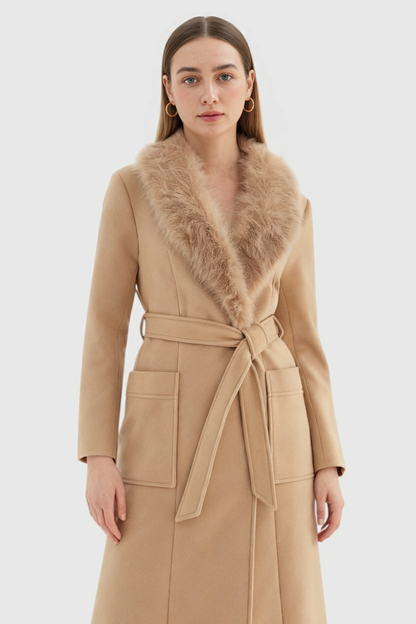 Long Belted Coat | Faux Fur Collar | Patch Pockets | Regular Fit