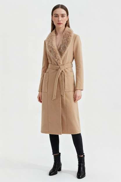 Long Belted Coat | Faux Fur Collar | Patch Pockets | Regular Fit