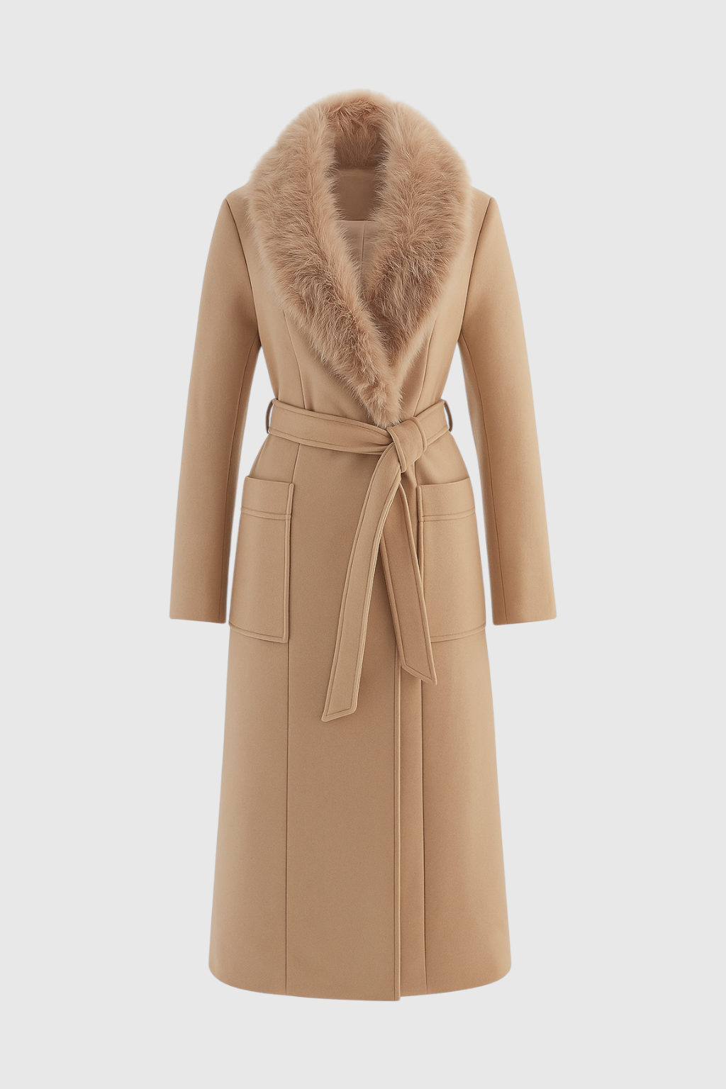 Long Belted Coat | Faux Fur Collar | Patch Pockets | Regular Fit