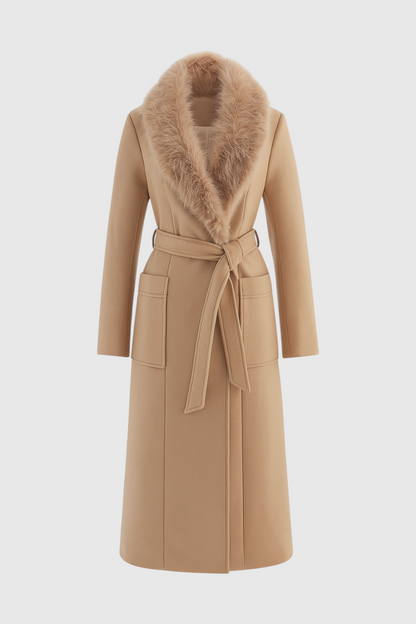 Long Belted Coat | Faux Fur Collar | Patch Pockets | Regular Fit