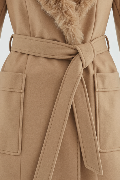 Long Belted Coat | Faux Fur Collar | Patch Pockets | Regular Fit