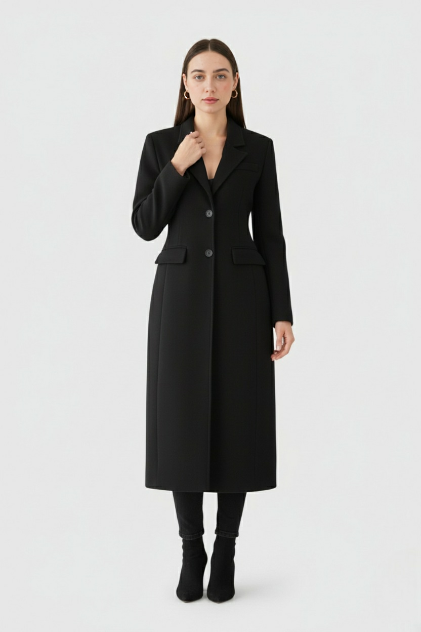 Long Single Breasted Coat | Slim Fit, Notched Lapel, Clean Tailored Line
