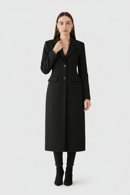 Long Single Breasted Coat | Slim Fit, Notched Lapel, Clean Tailored Line