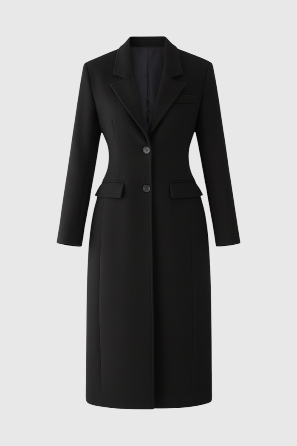 Long Single Breasted Coat | Slim Fit, Notched Lapel, Clean Tailored Line