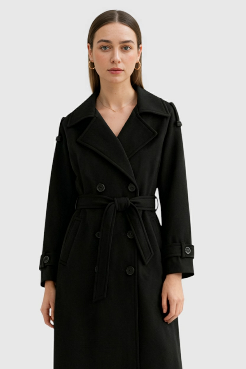 Double-Breasted Long Trench Coat | Self-Belt, Epaulettes, A-Line Fit