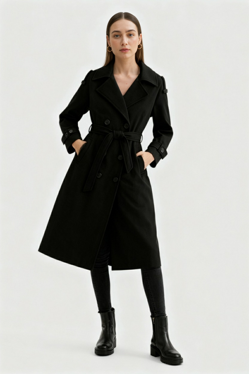 Double-Breasted Long Trench Coat | Self-Belt, Epaulettes, A-Line Fit