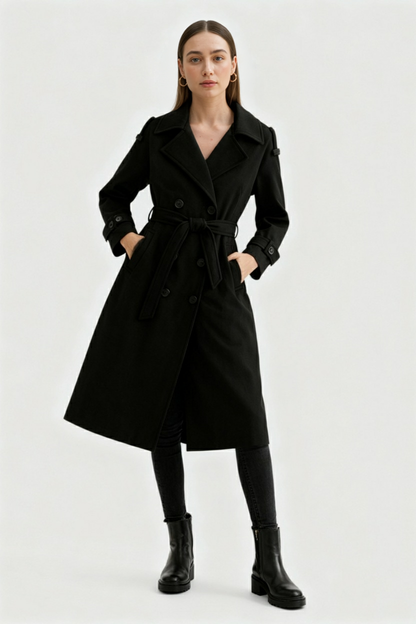 Double-Breasted Long Trench Coat | Self-Belt, Epaulettes, A-Line Fit
