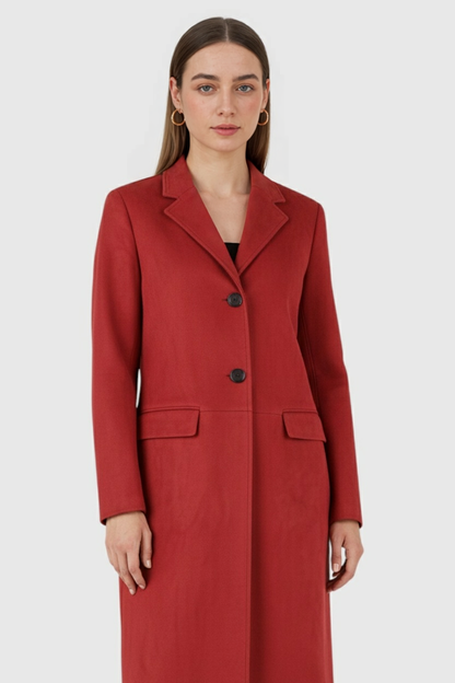 Long Single-Breasted Coat | Suedette Finish | Wide-Waist Fit