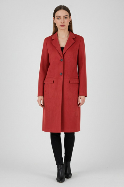 Long Single-Breasted Coat | Suedette Finish | Wide-Waist Fit