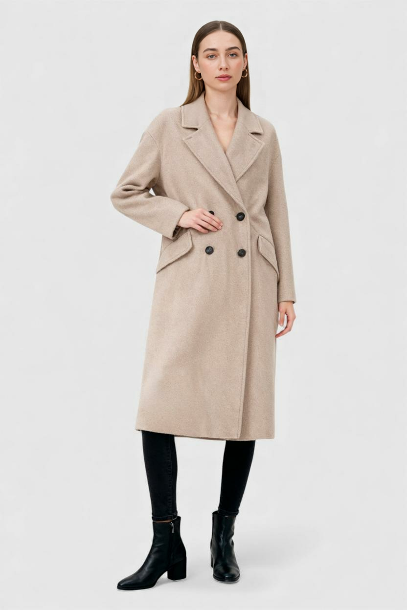 Double-Breasted Long Overcoat | Notched Lapel, Flap Pockets, Relaxed