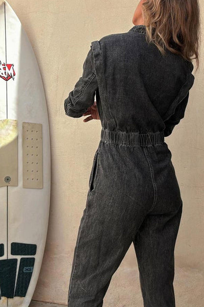 Lapel Button-down Elastic Waist Denim Jumpsuits