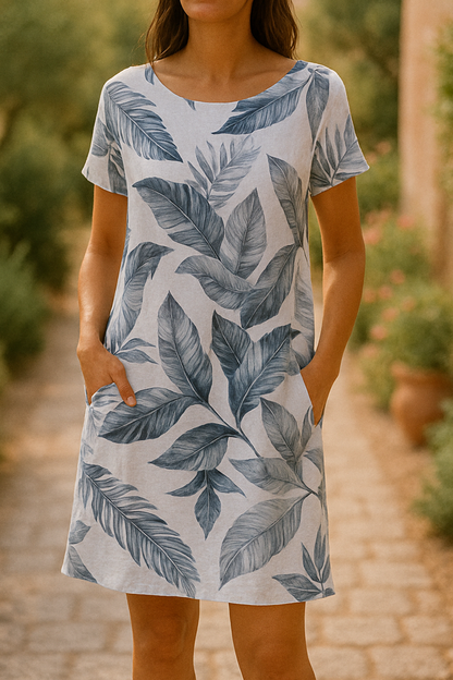 Botanical Print Short Sleeve Scoop Neck Pocket Mini Dress