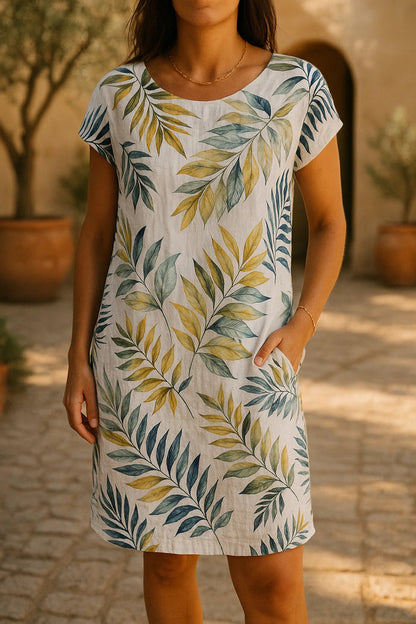 Botanical Print Short Sleeve Scoop Neck Pocket Mini Dress
