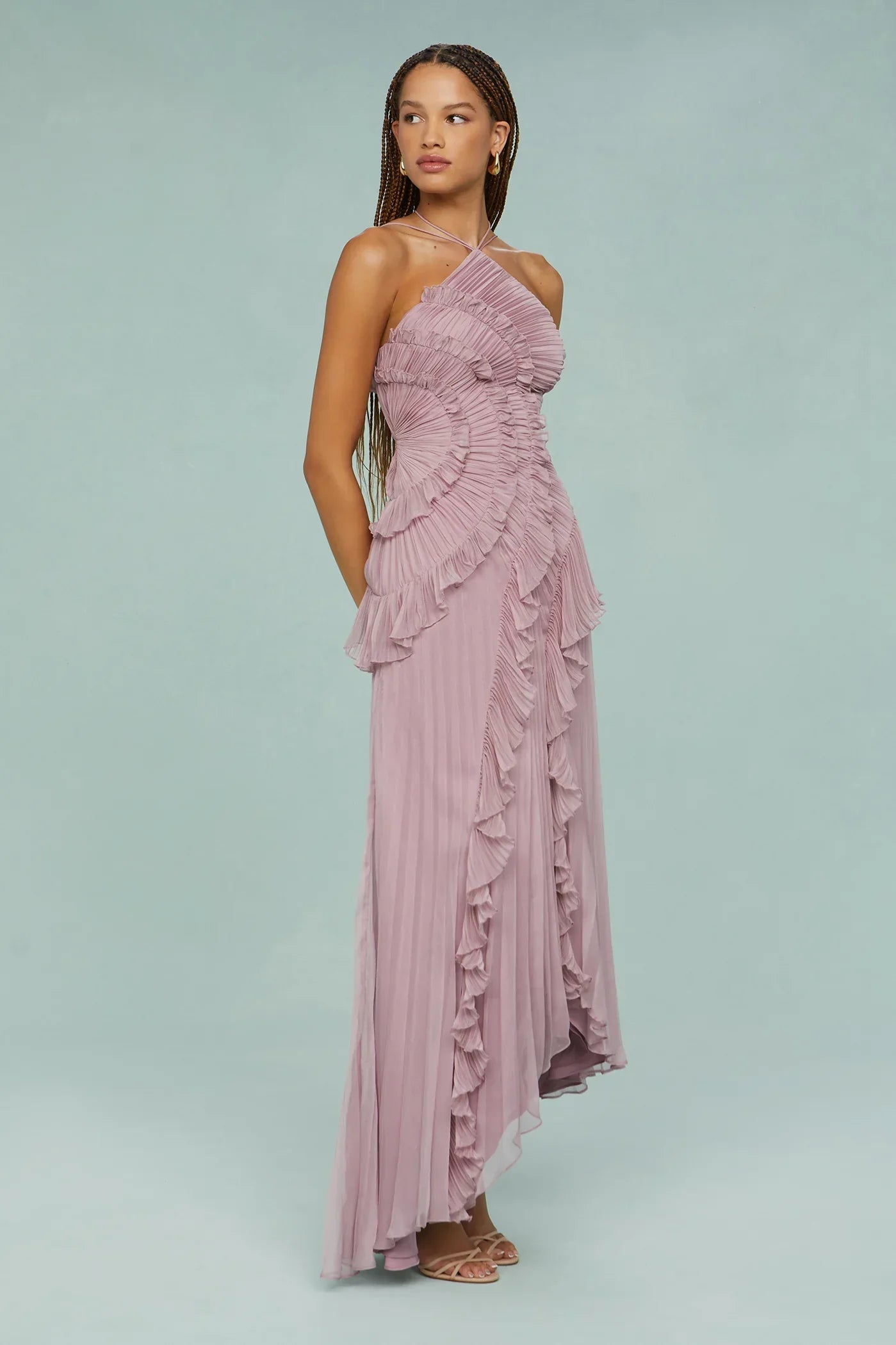 | Sculpted Pleats One-Shoulder Midi Dress