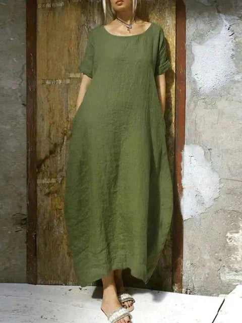 Scoop Neck Oversized Pocket Linen Blend Kaftan Maxi Dress