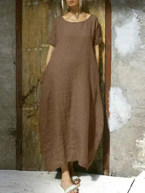 Scoop Neck Oversized Pocket Linen Blend Kaftan Maxi Dress